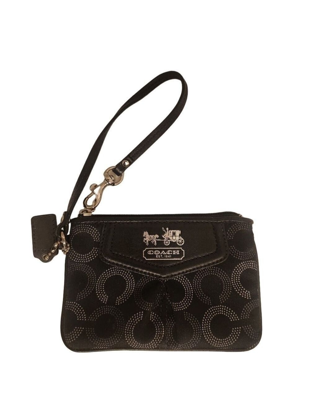 COACH Madison Op Art Small Black Leather Signature Silver Zip Wristlet Hang Tag